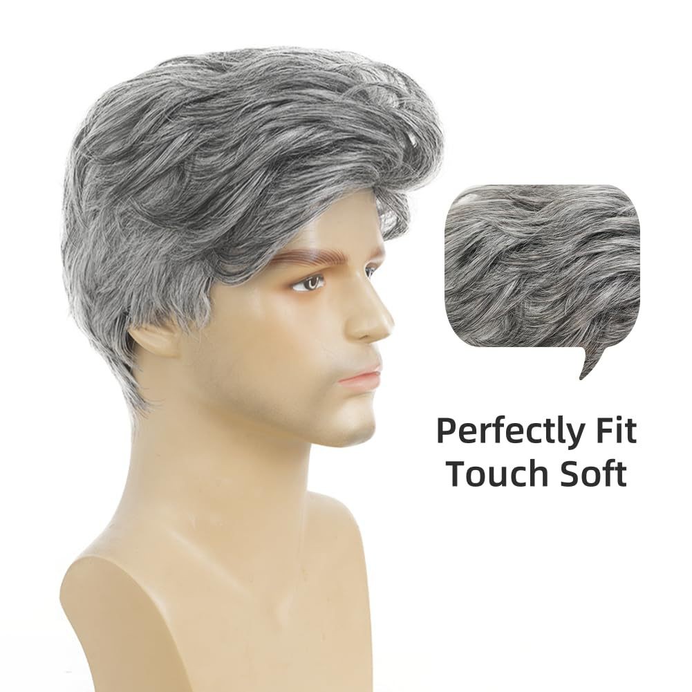 6in Men’s Short Silver Gray Wig Full Heat Resistant Synthetic Cosplay Party