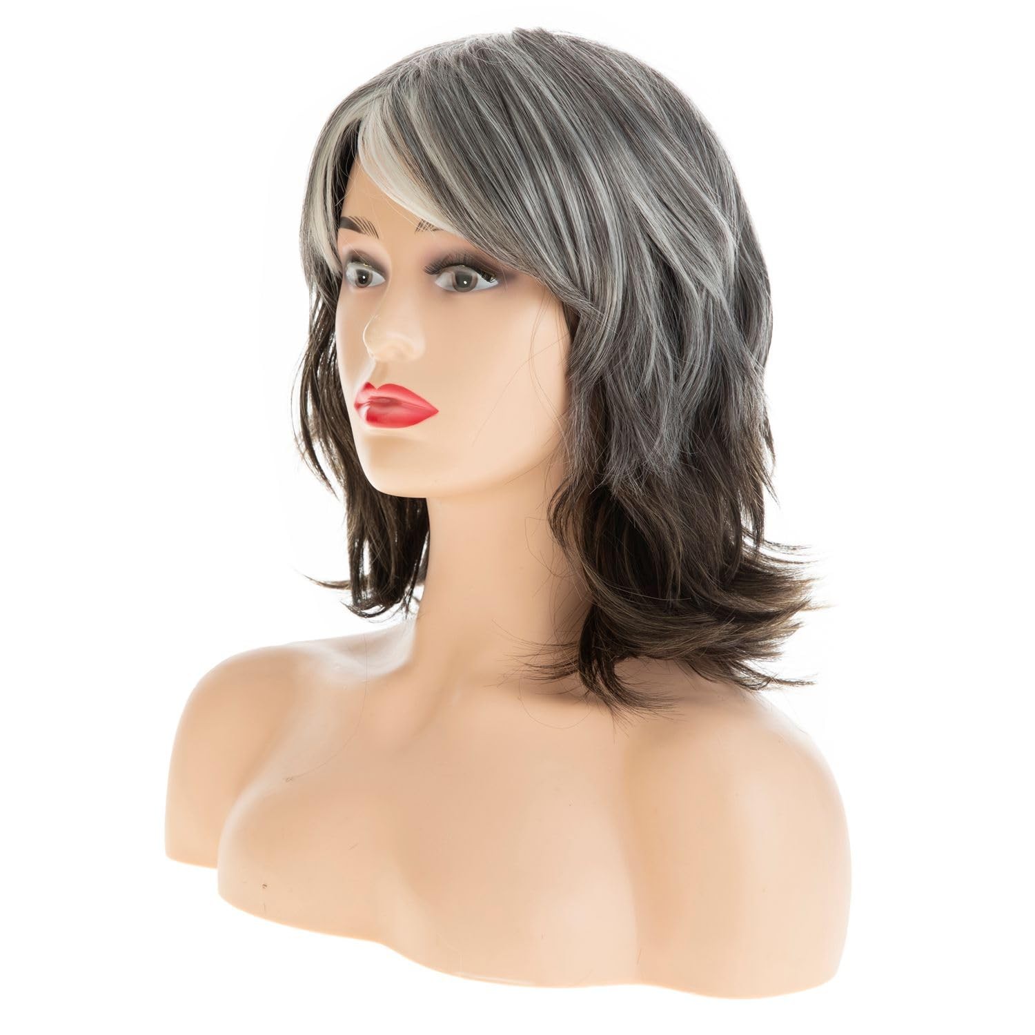 Silver Gray Layered Mid – Length Wig for Women Curly Fluffy Wig with Bangs Sy…