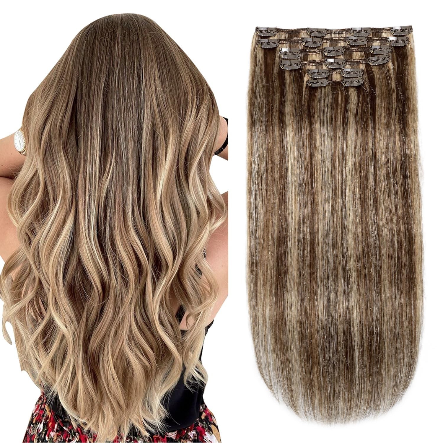 20″ Clip In Hair Extensions Remy Human Hair 120g Medium Brown to Caramel Blonde