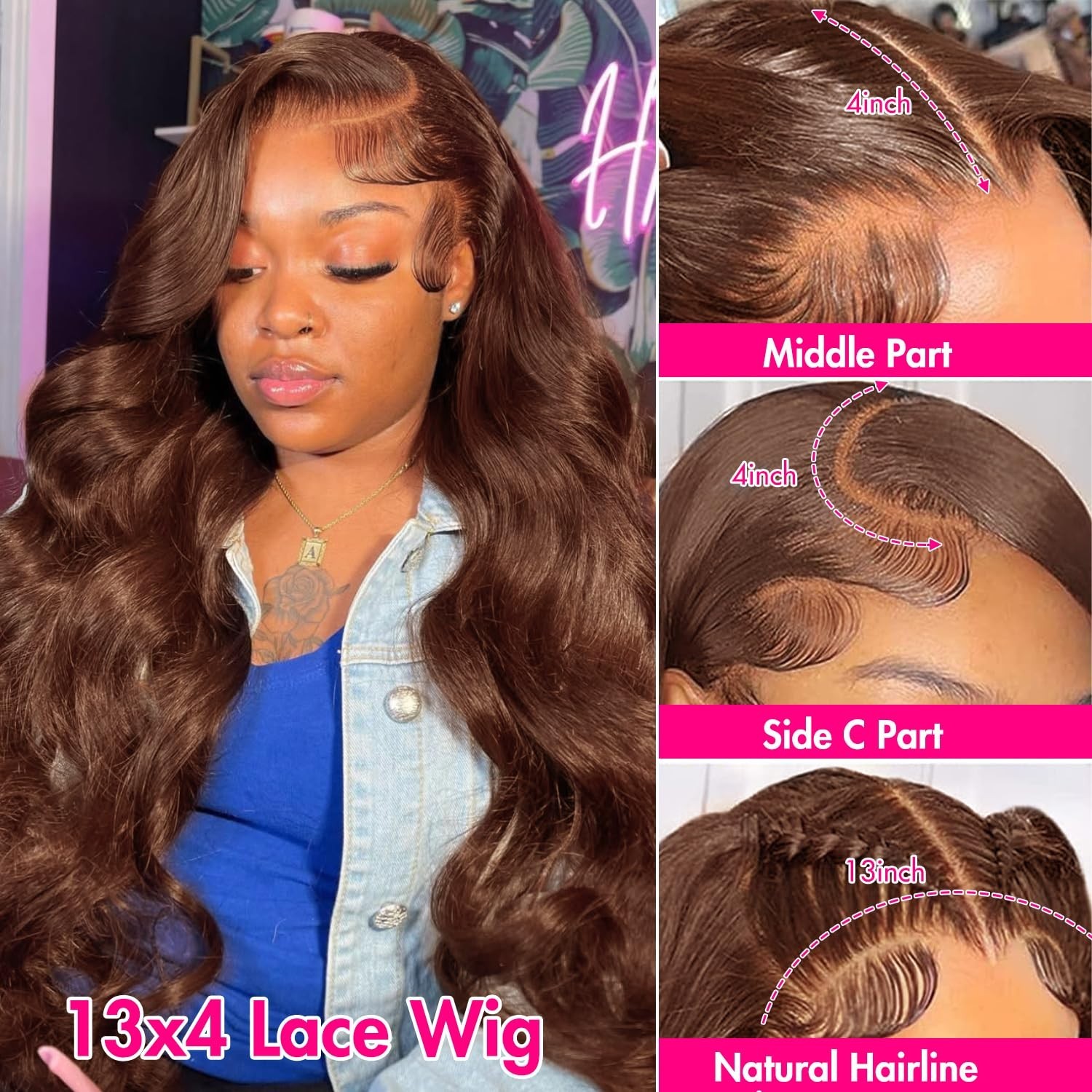 32″ Chocolate Brown Body Wave Lace Front Wig – 13×4 Human Hair for Women