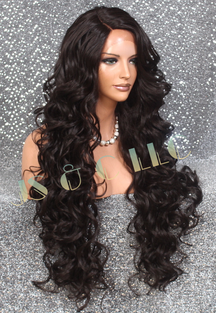 40″ Human Hair Blend Mono Top Full Lace Front Wig Dark Brown Heat OK WBPR 4