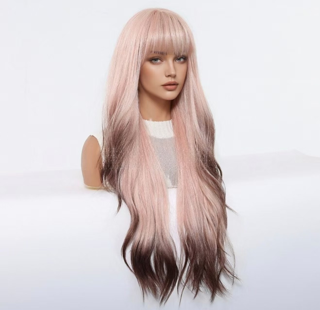 Long Wavy Light Pink Wigs with Bangs for Women Cosplay Party Synthetic Hair Wig