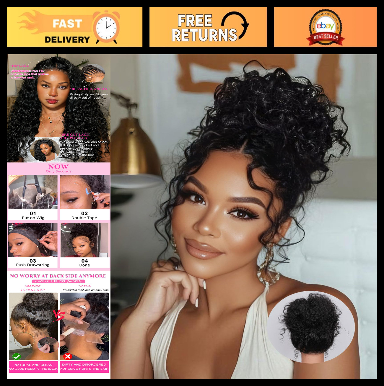 28″ 360 Lace Front Wig Human Hair Water Wave Curly 200% Density Pre Plucked