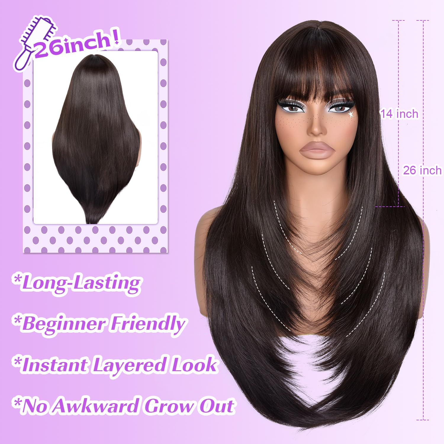 Long Layered Brown Wig with Bangs Straight Synthetic Wigs for Women 26 Inch | Be