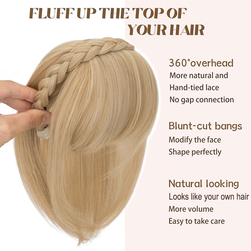 Braided Headband Topper Hairpiece Clip In Fringe with Temple Bang Hair Extension