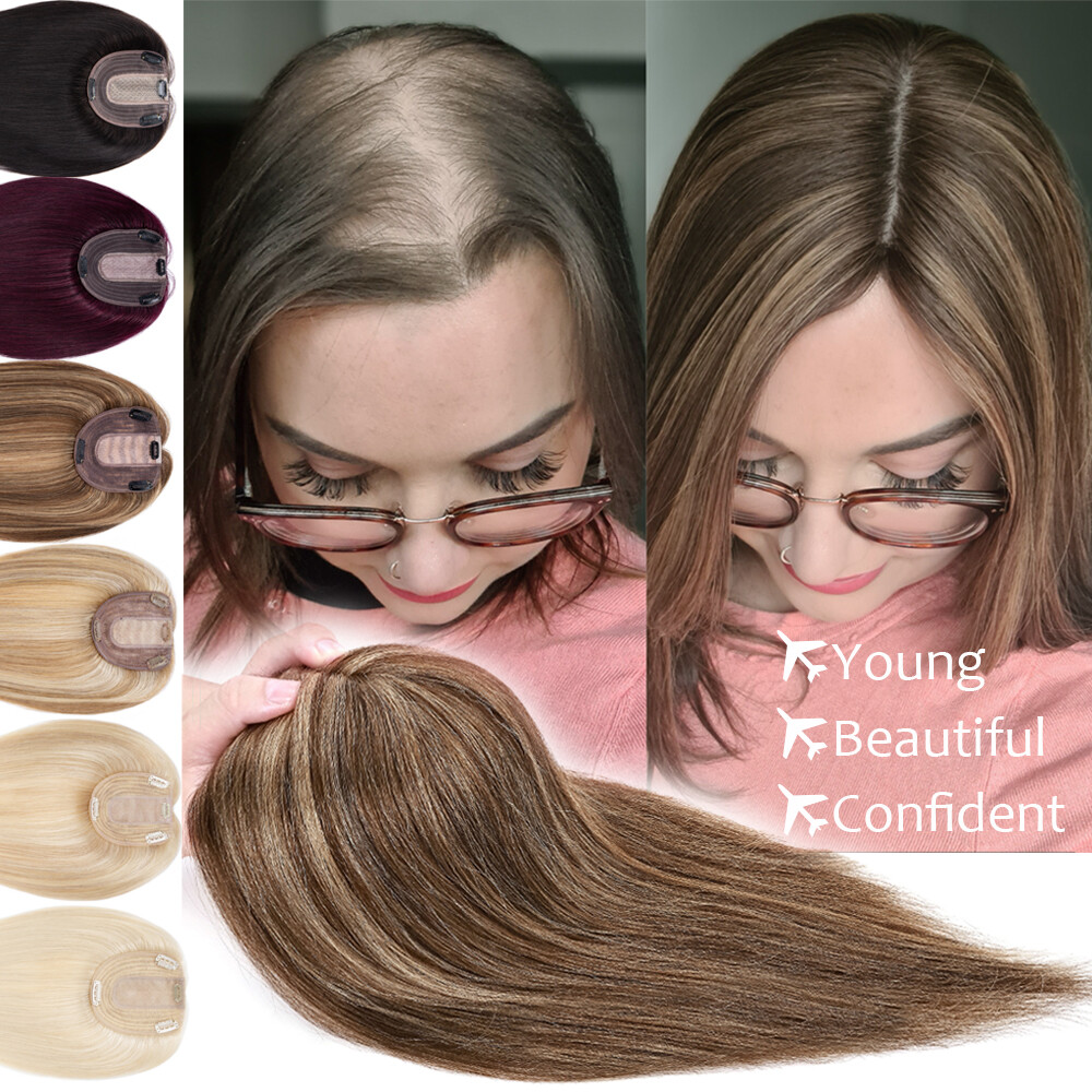 100% Real Remy Human Hair Silk Base Topper Clip in Top Women’s Hairpiece Toupee