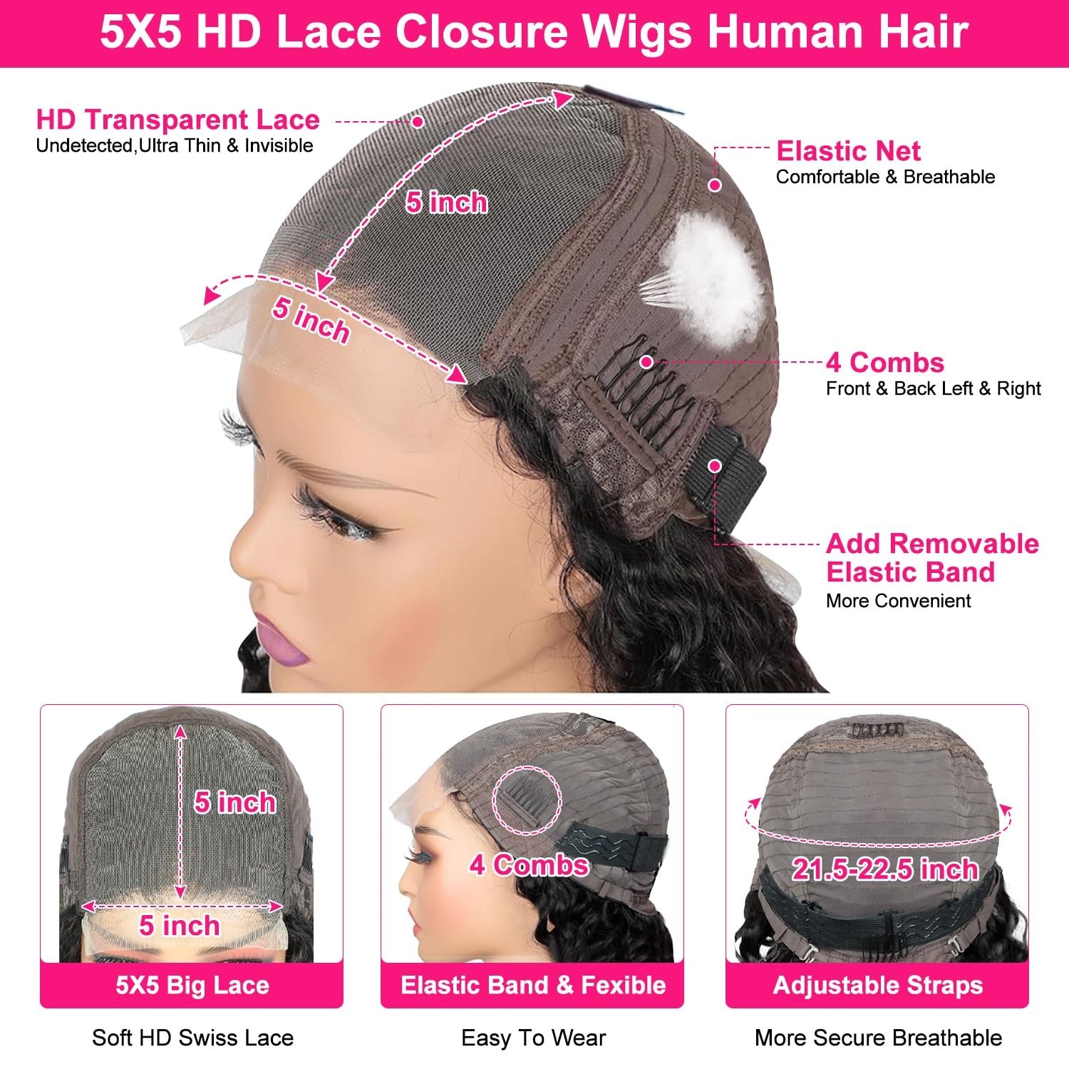 5×5 HD Lace Closure Wig – 24″ Deep Wave Human Hair, 180 Density, Pre-Plucked, Gl