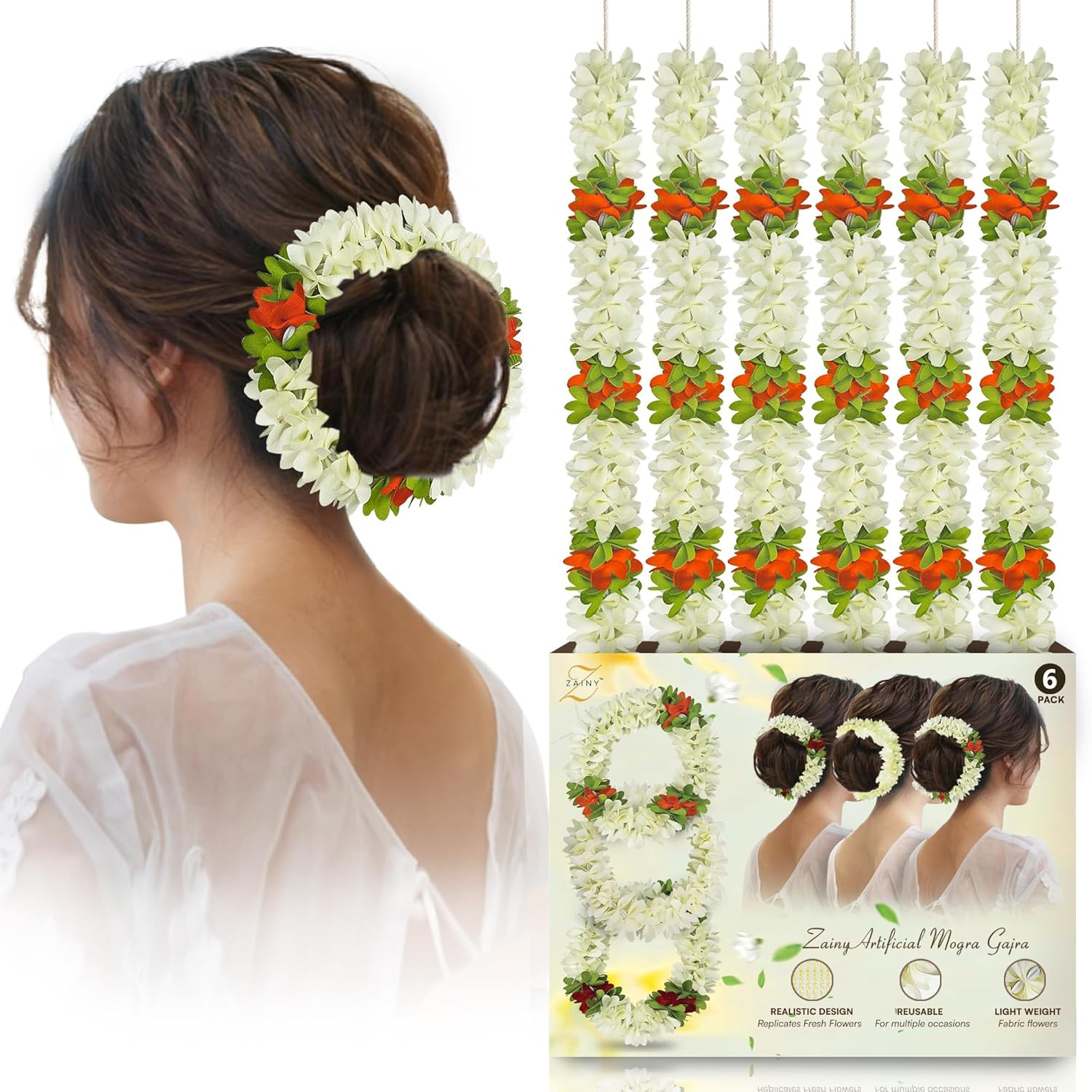 6 Pack Mogra Gajra for Hair Indian Bun, Artificial Fabric Jasmine Flowers Hairbu