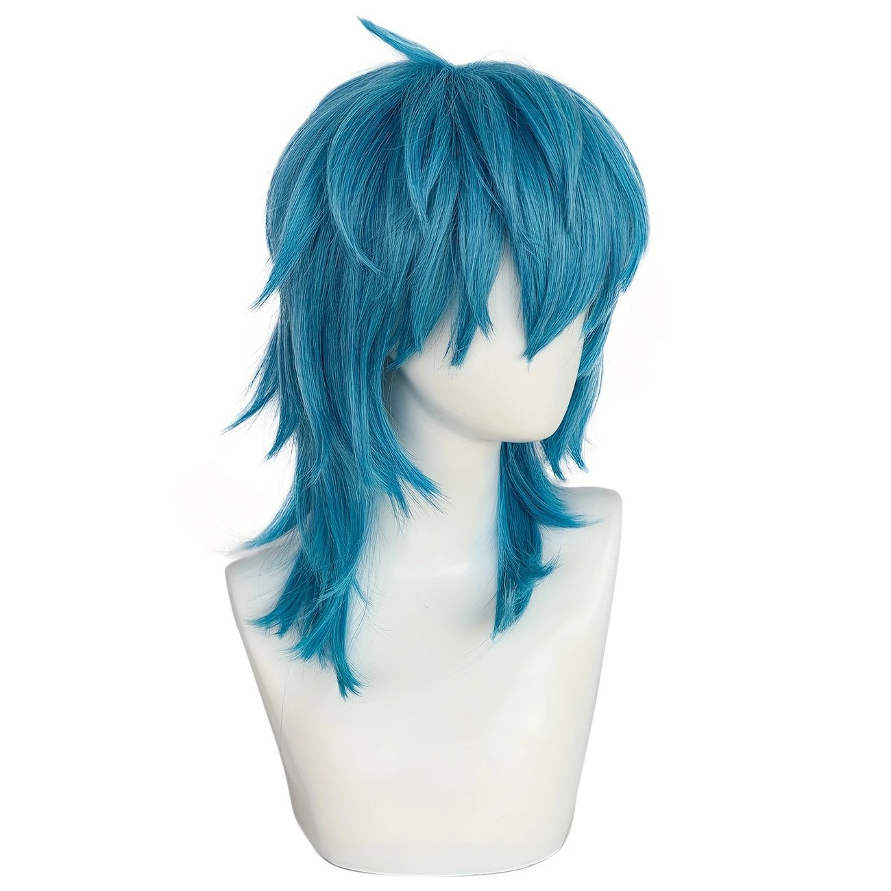 Light blue anime character cosplay wig with layered, broken and upturned hair…