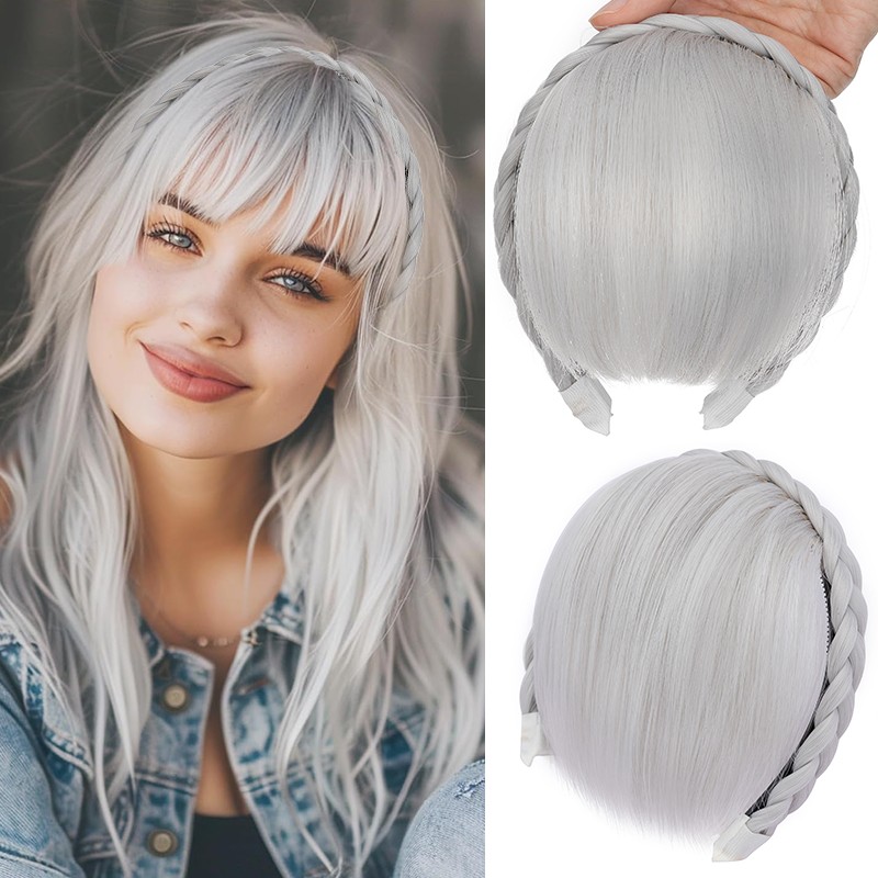 Braided Headband Topper Hairpiece Clip In Fringe with Temple Bang Hair Extension