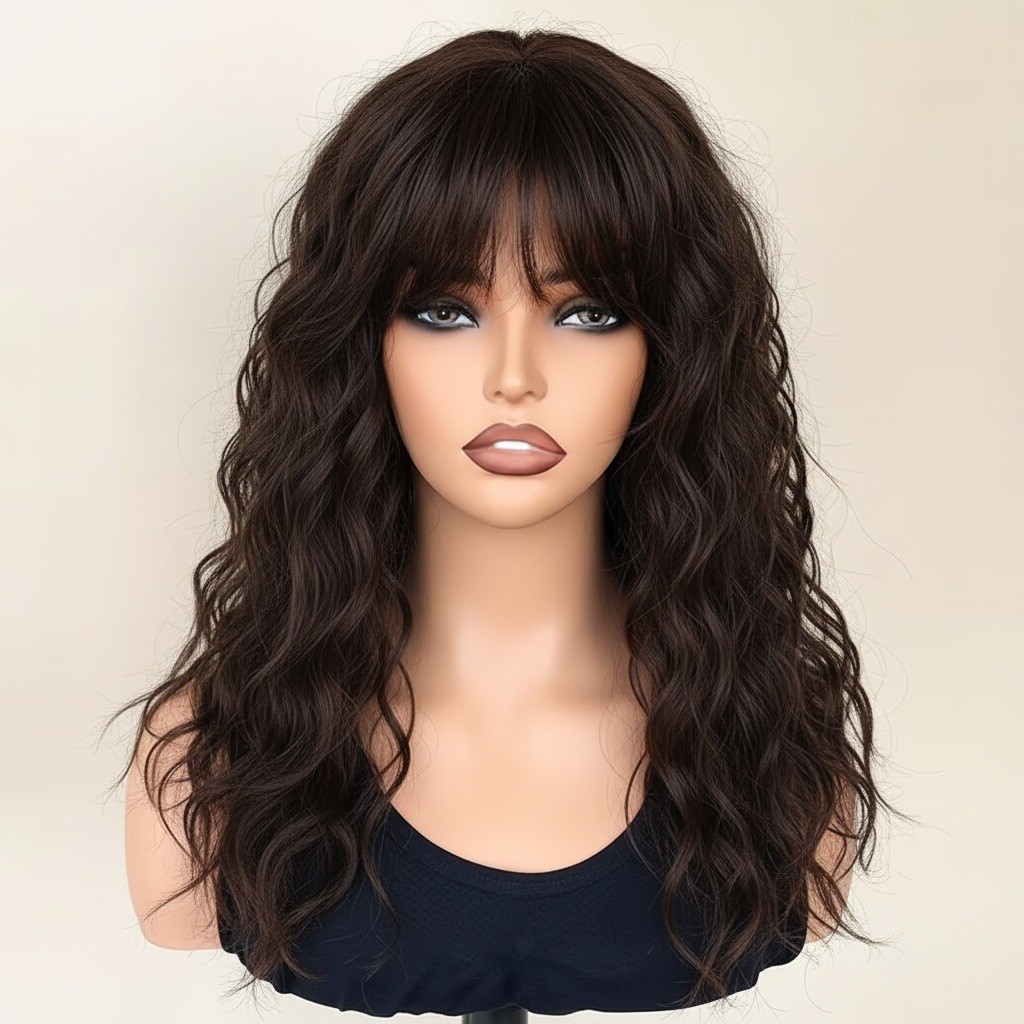 Women’s Gray White Fluffy Water Wave Long Curly Wig Heat Resistant Synthetic