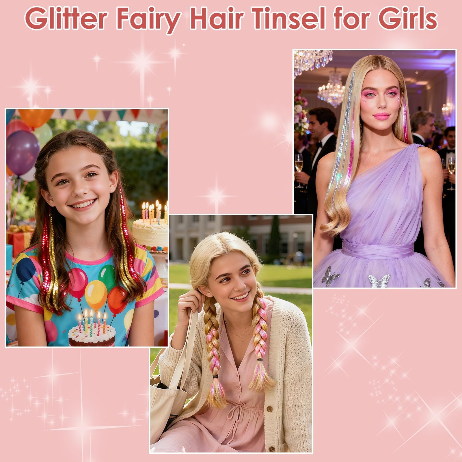 8400 STRANDS Hair Tinsel Kit for Girls, 24 Colors 48 Inches Fairy Hair Tinsel