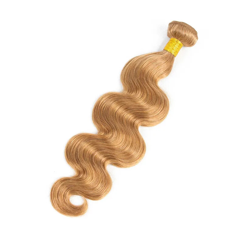 12A BRAZILIAN HUMAN HAIR WEFT 3/4BUNDLES+LACE CLOSURE HONEY BLONDE 27# BODY WAVE