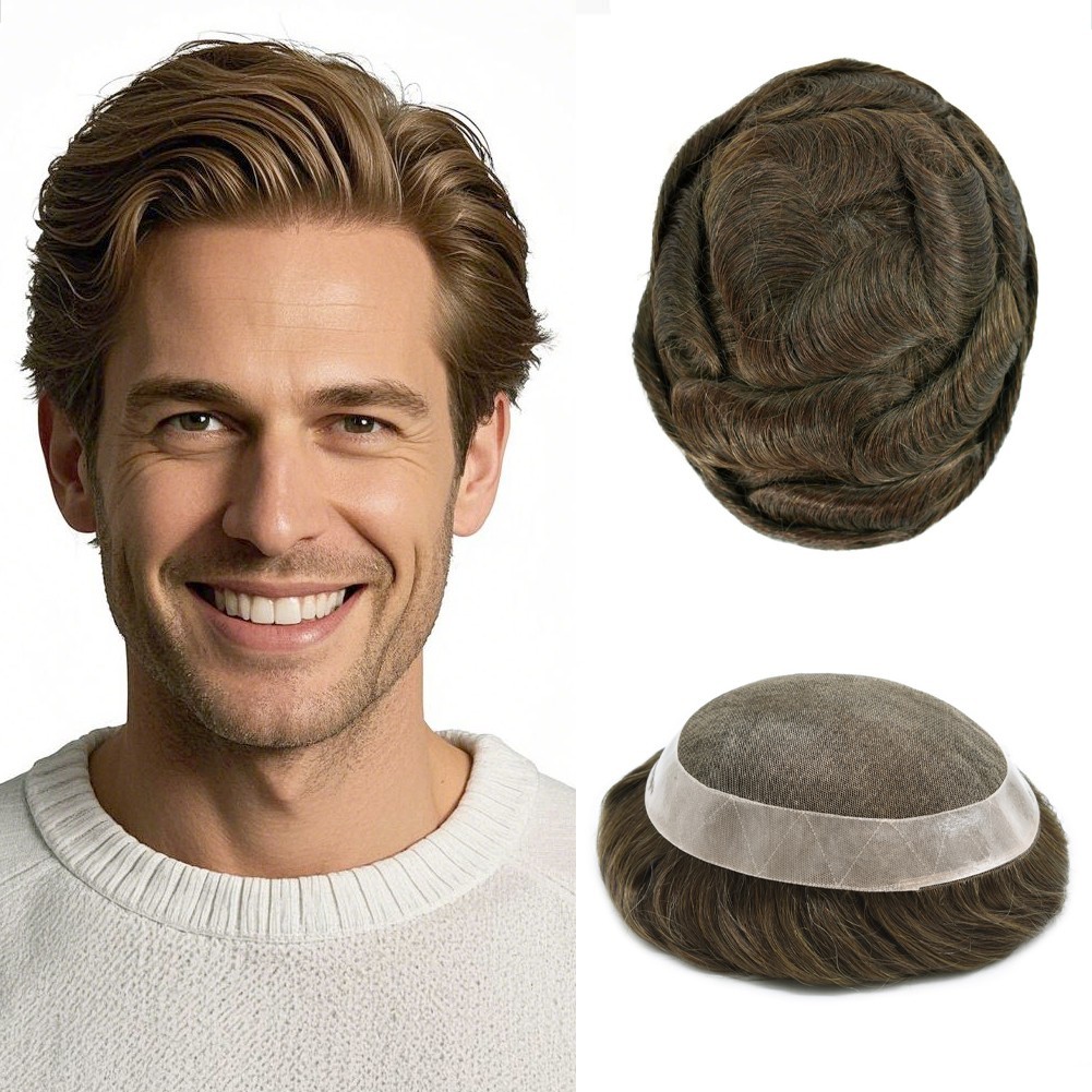 Mens Toupee Hairpiece French Lace Hair Unit Replacement Poly Skin NPU Around Wig