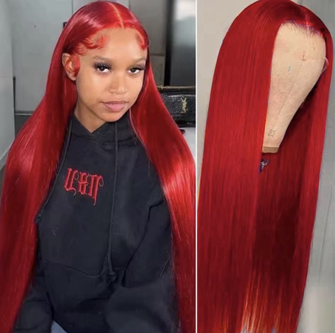 Glueless Lace Front Wig Straight Red Middle Part Pre-Plucked Bleached Knots