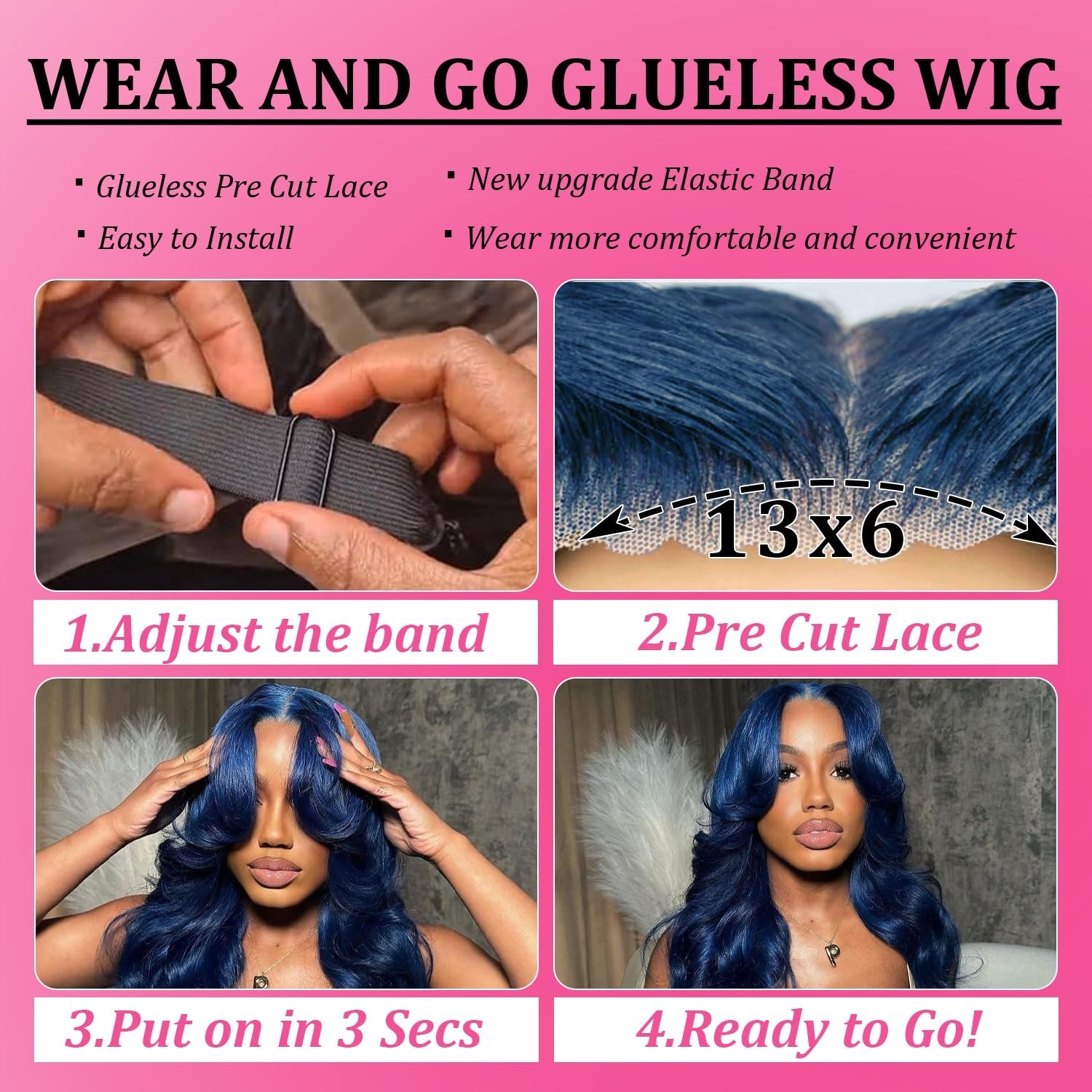 28″ Blue Body Wave Lace Front Wig – Human Hair, 180% Density, Glueless Wear & Go