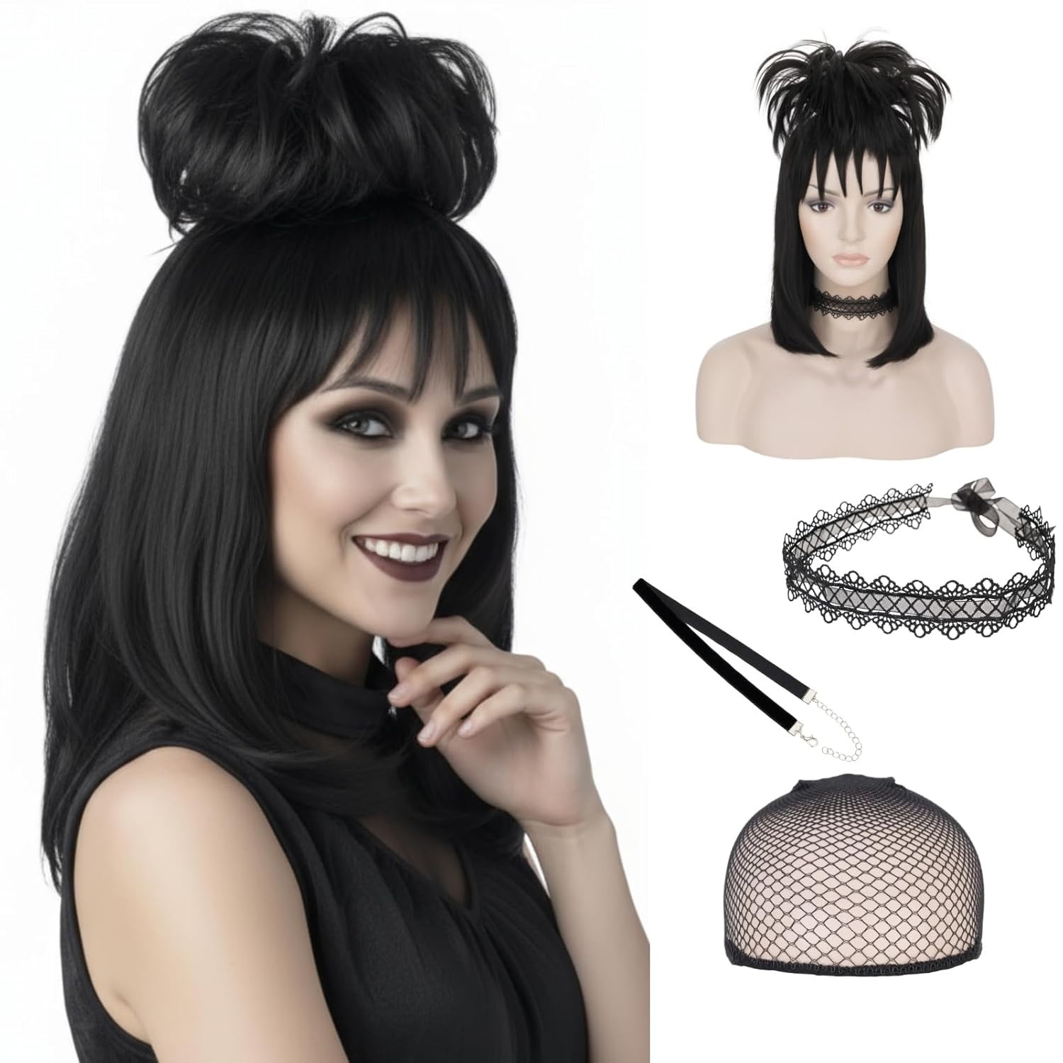 Benehair Black Cosplay Wig With Bun, Black Ghost Bride Costume Wig for Women, Ly