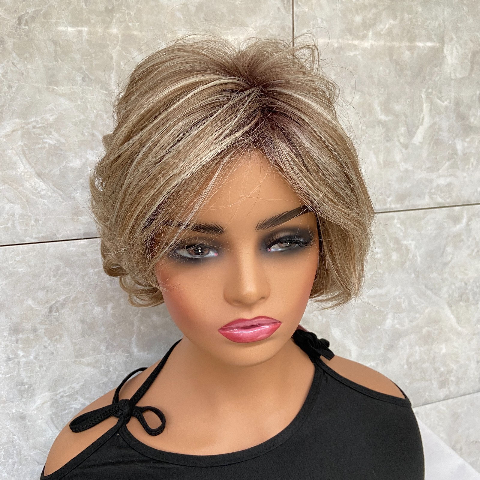 Short Fluffy Wavy Brown Brown Mix Human Hair Blend Heat Ok Wigs Women Soft Daily