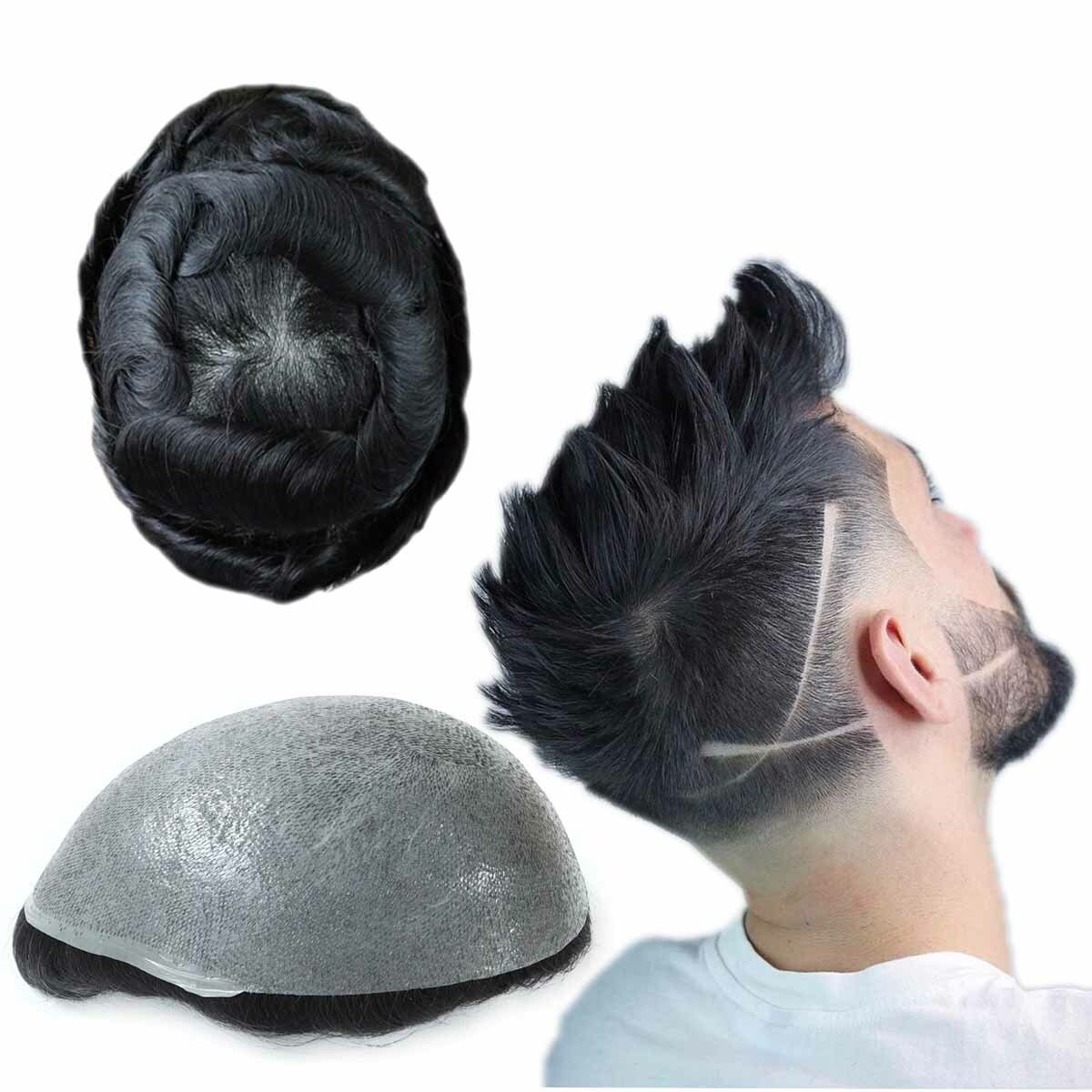 Super Natural Mens Hair Replacement System Thin Skin V Looped Black Toupee #1