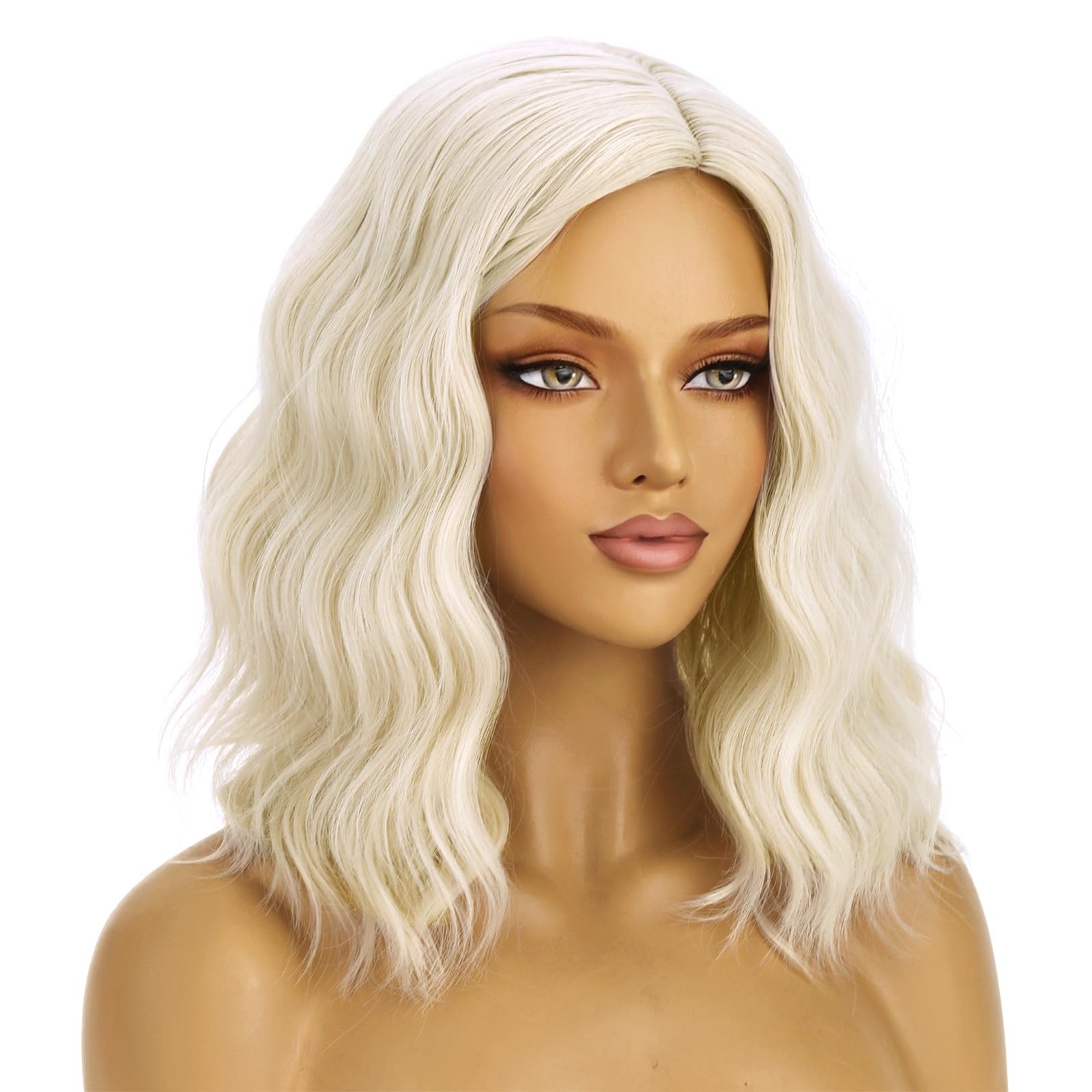 Blonde Wigs for Womens Short Curly Wavy Wig Girls Platinum Blonde Side Part W…