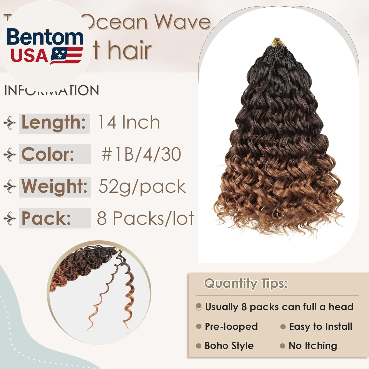 14 Inch 8 Packs Pre Looped Ocean Wave Crochet Hair Boho Ocean Deep Water Wave Be