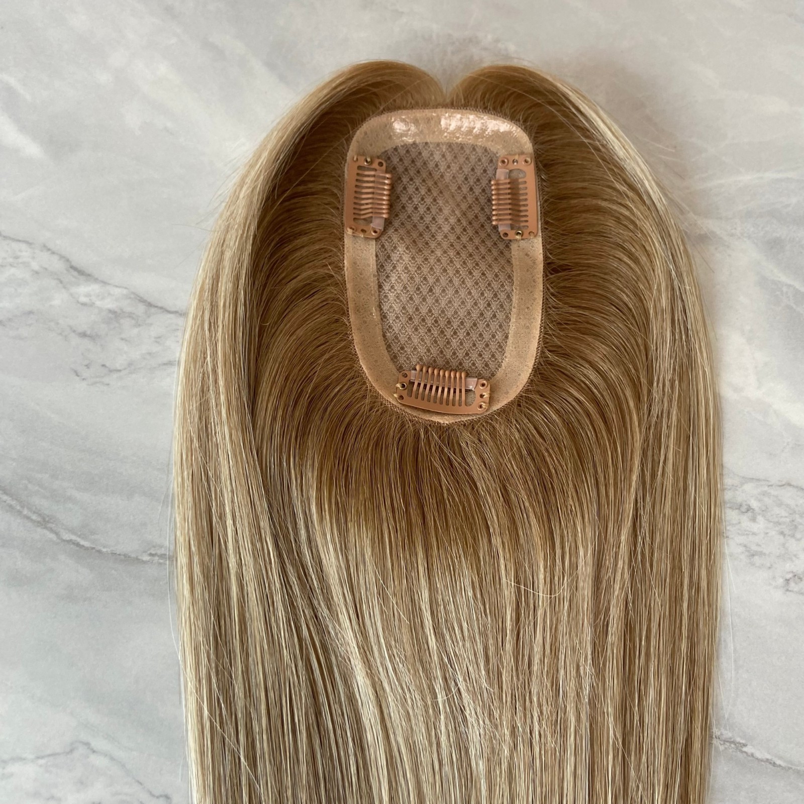 PREMIUM 100% HUMAN HAIR CLIP IN 3X5 MONO TOPPER OMBRE ASH BROWN ROOTS HAIR PIECE