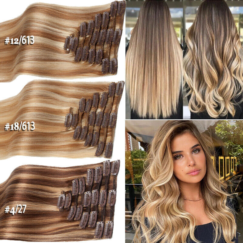 100% Clip In Remy Human Hair Extensions Full Head Black/Brown/Blonde Straight
