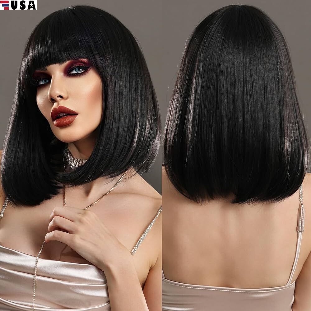 Black Bob Wigs with Bangs Straight Blunt Cut Shoulder Length Short Wig for Women