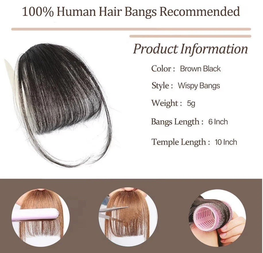 Clip In Bangs-Real Human Hair Brown Black Fringe With Temples Hairpieces Curved