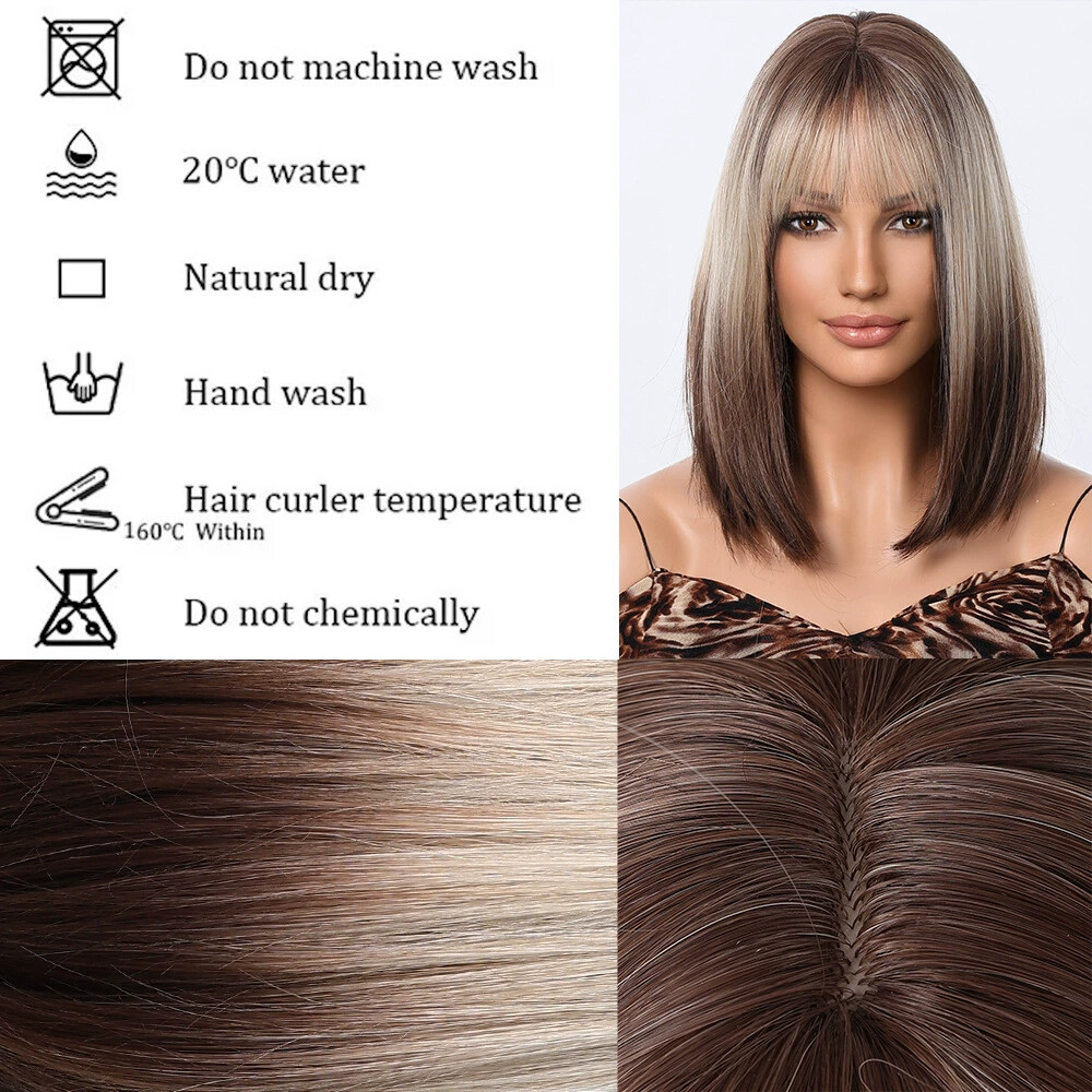 Brown Blonde Ombre Bob Wigs for Women Cosplay Wig with Bangs Dark Roots Gray