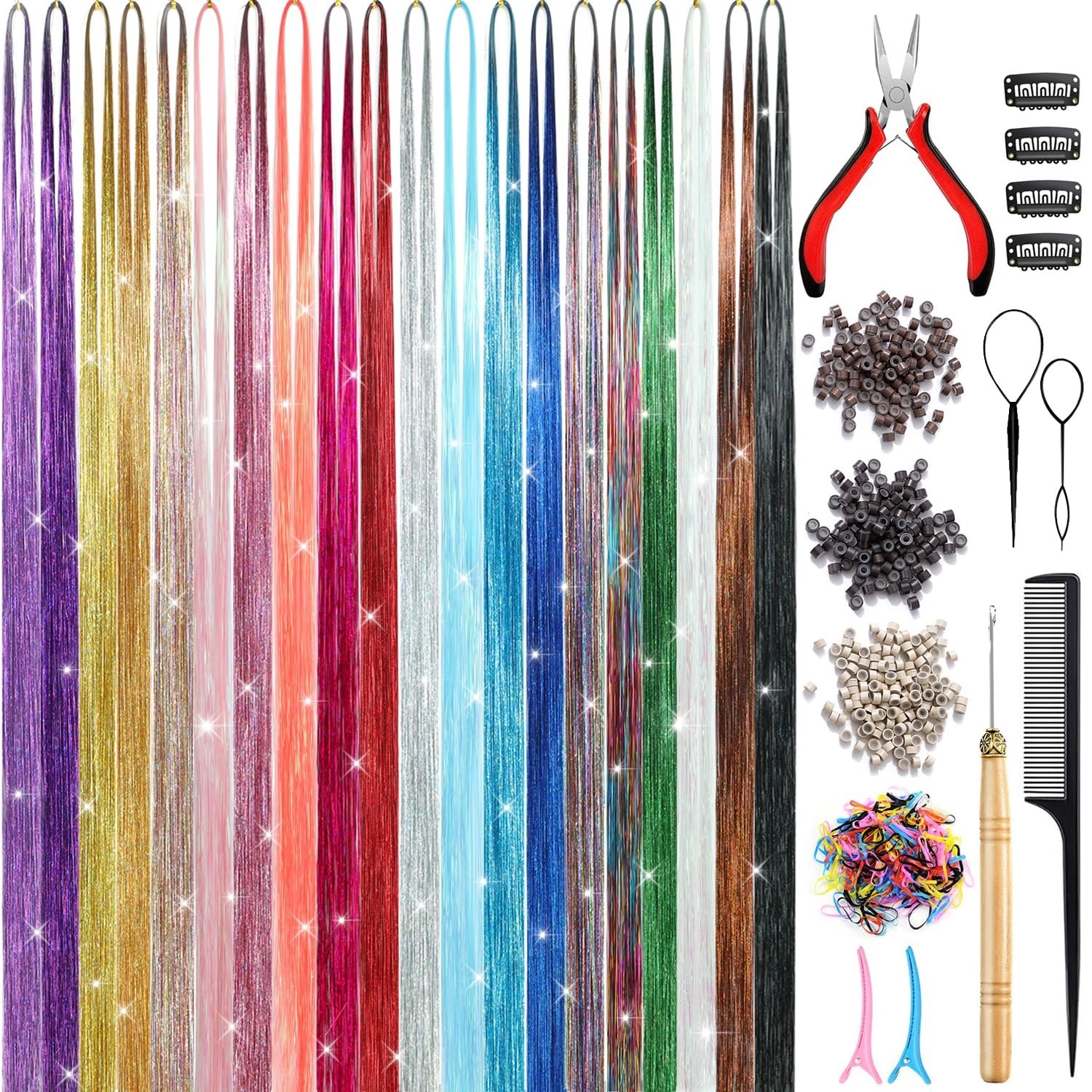 Fashion-Forward Hair Tinsel Kit: 20 Stunning Colors, Includes Easy-Use Tools