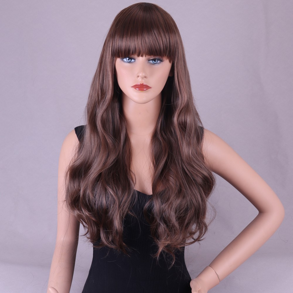 26 Inch Long Curly Full Wigs with Bangs Body Wave Hair for Women Borwn Wavy Wigs