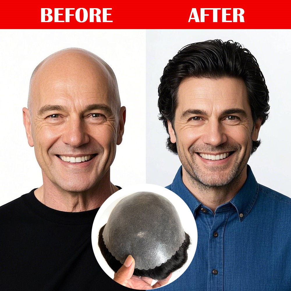 Human Hair Replacement System Unit System 0.12mm Poly Skin Toupee Durable Mens
