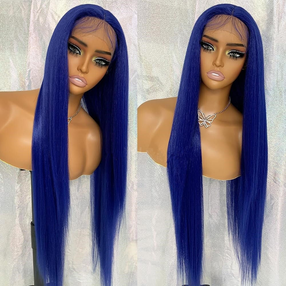 Long Straight Lace Front Wigs Blue Hair Synthetic Fiber Wig Party Heat Safe Soft
