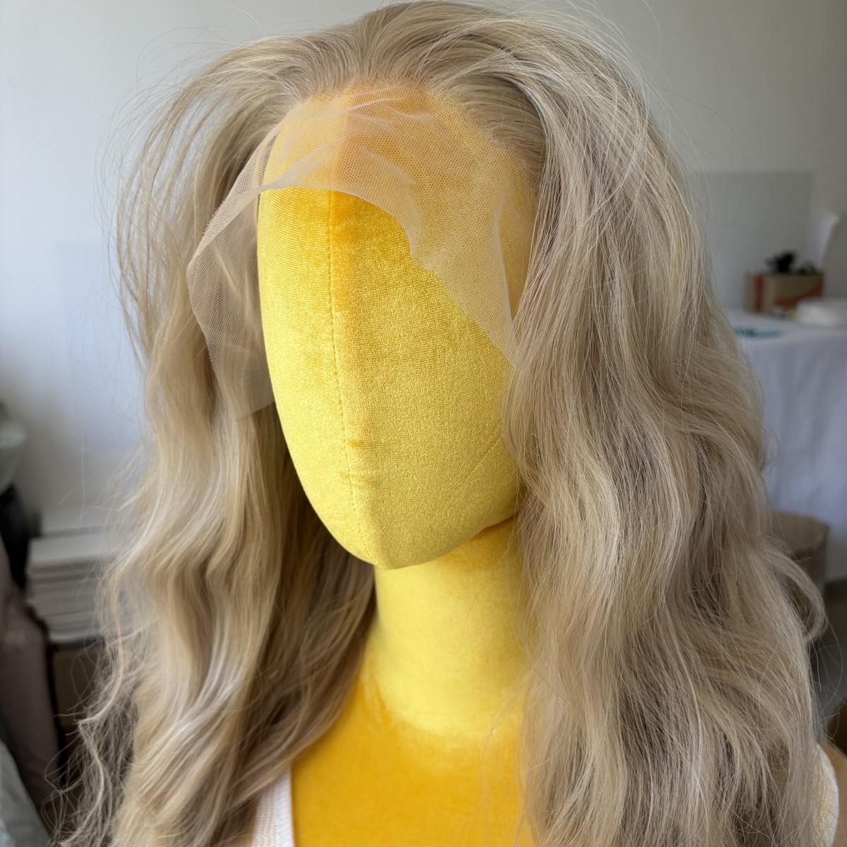 Glue Less Lace Front Wig Long Wavy Heat Resistant Synthetic Hair Ash Blonde