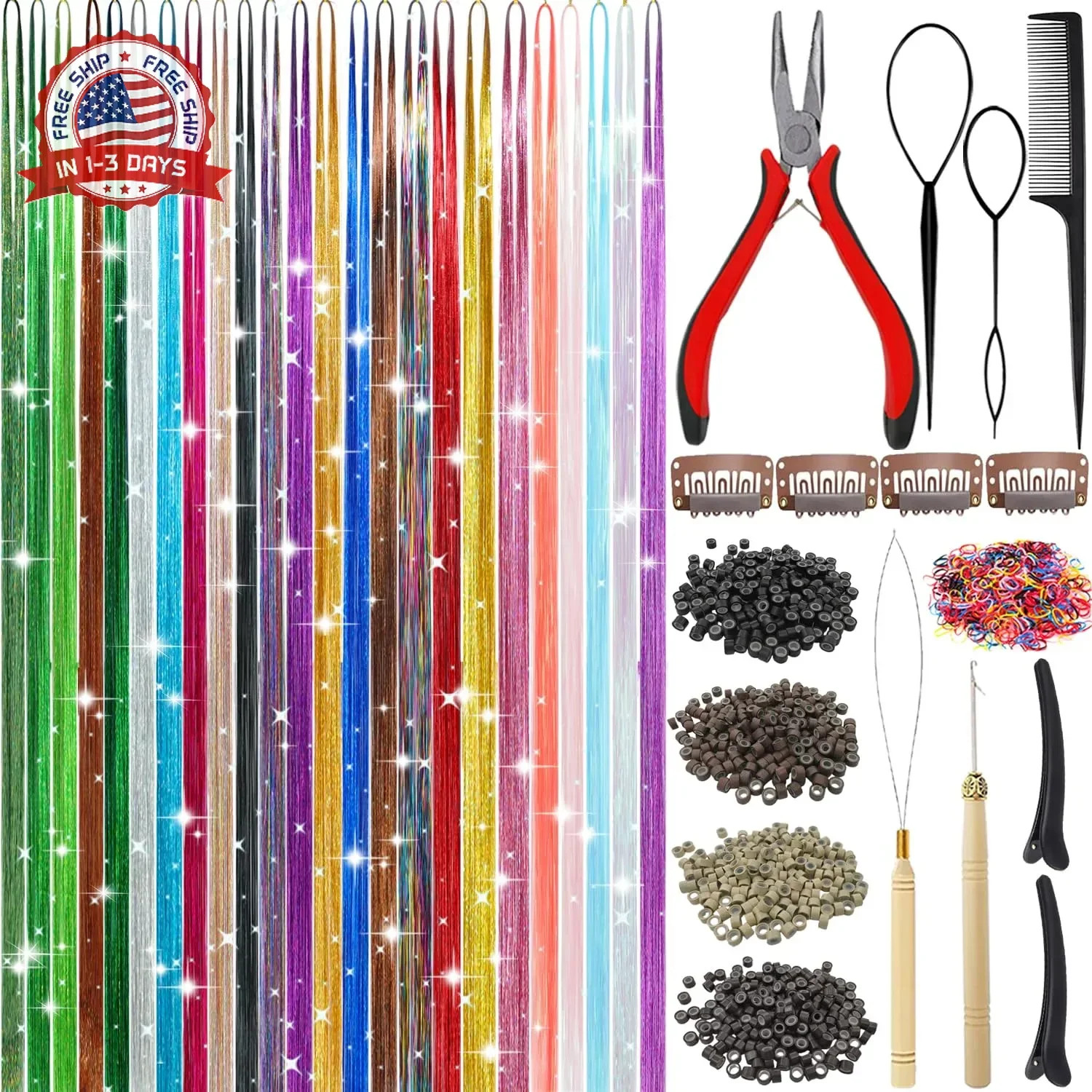 Hair Tinsel, 24 Colors 9800 Strands Hair Tinsel Kit with Tools 48 Inch Glitter T