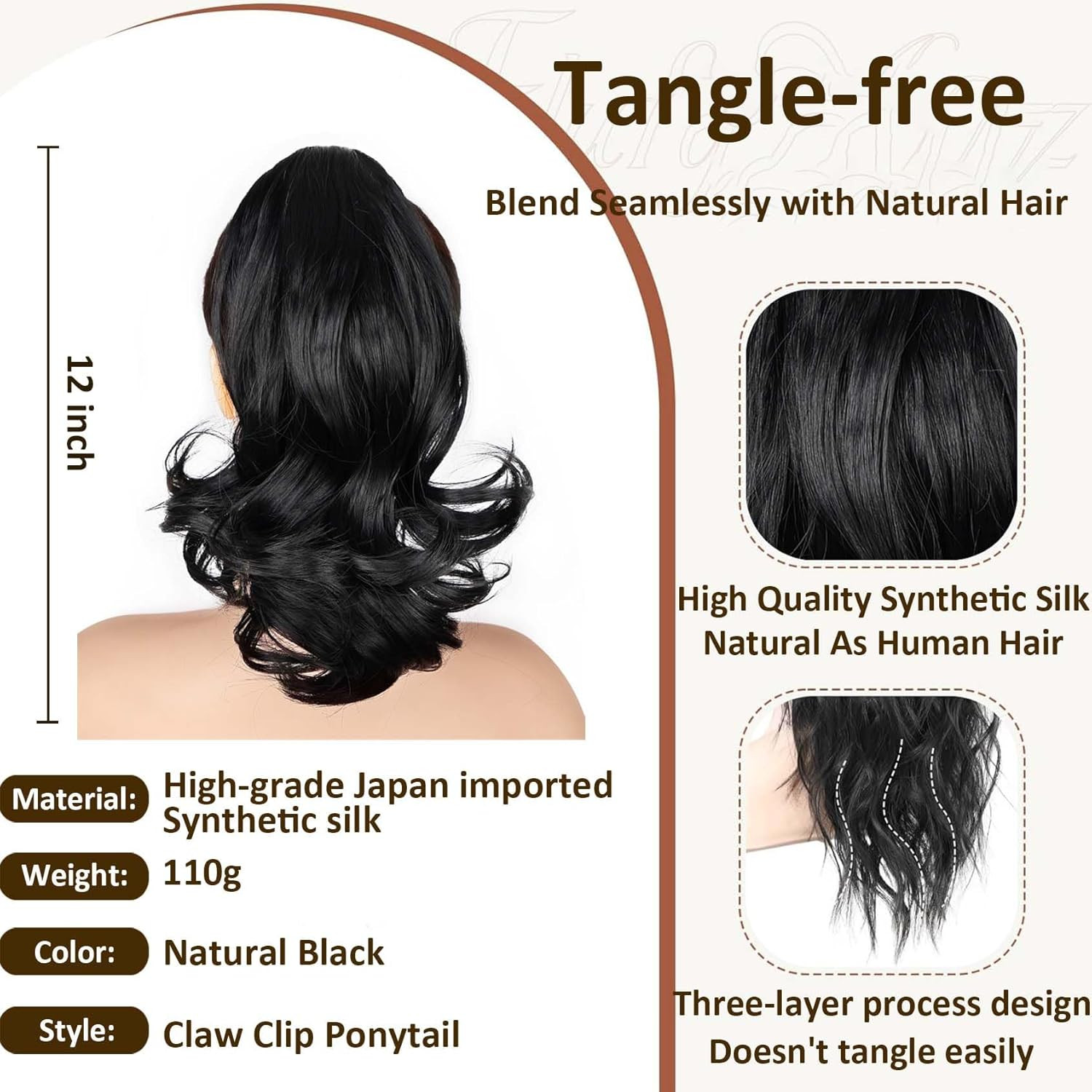 Ponytail Extension, 12 Inch Pony Tails Hair Extensions, Hold Securely, Tangle-Fr
