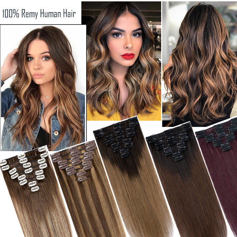 8PCS Clip In Hair Extensions 100% Real Soft Human Hair Weft Any Color 14″-24″ US