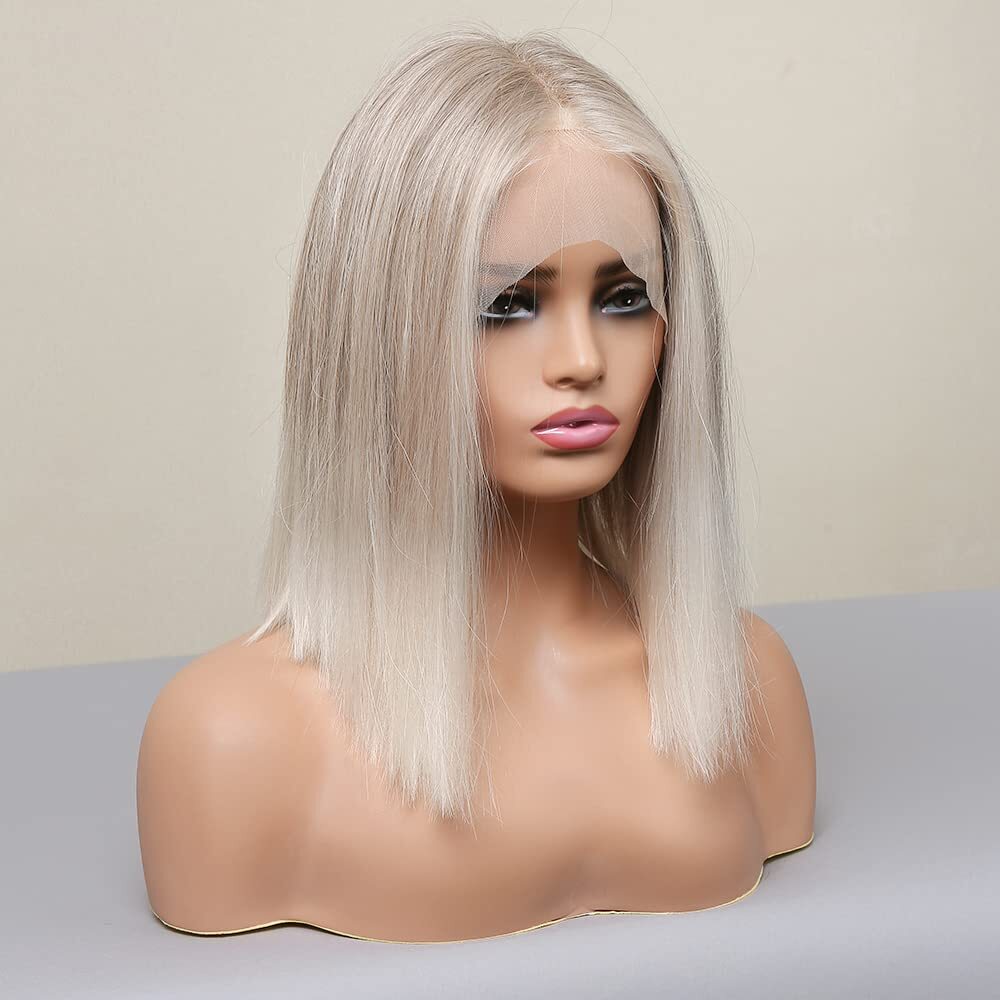 Ash Blonde White Balayage Highlights BOB 12 inch Wig Straight Lace Front Wigs