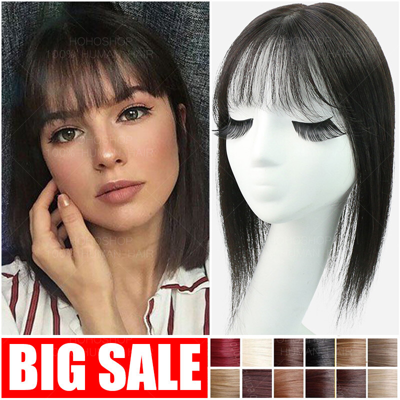 Women 150% THICK Remy Human Hair Toupee Mono With Bangs Clip In Hairpiece Wig US