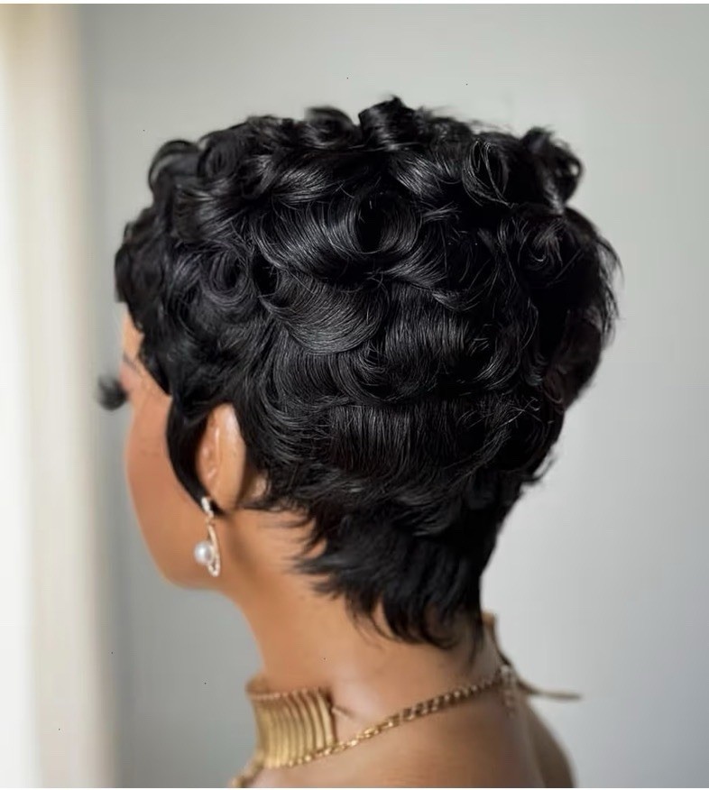 Women Adult Short Curly Black Pixie Wig, Curly Texture, Natural Theme