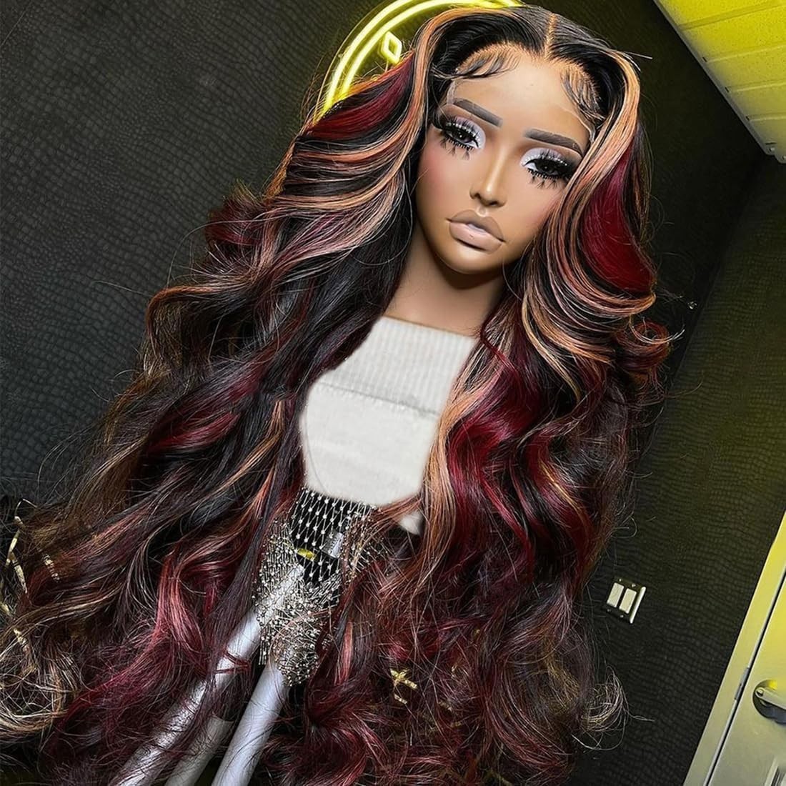 32″ Ombre Body Wave Lace Front Wig – 180 Density Human Hair, Black Red Blonde Hi