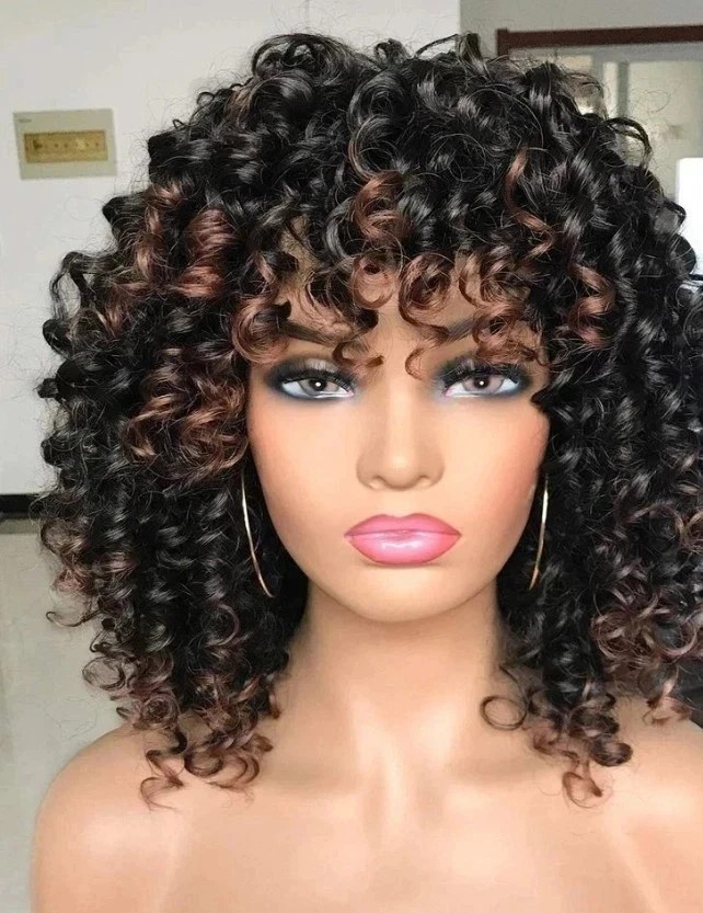 Afro Curly Wig with Bangs Black & Warm Brown Highlights Natural Synthetic Hair