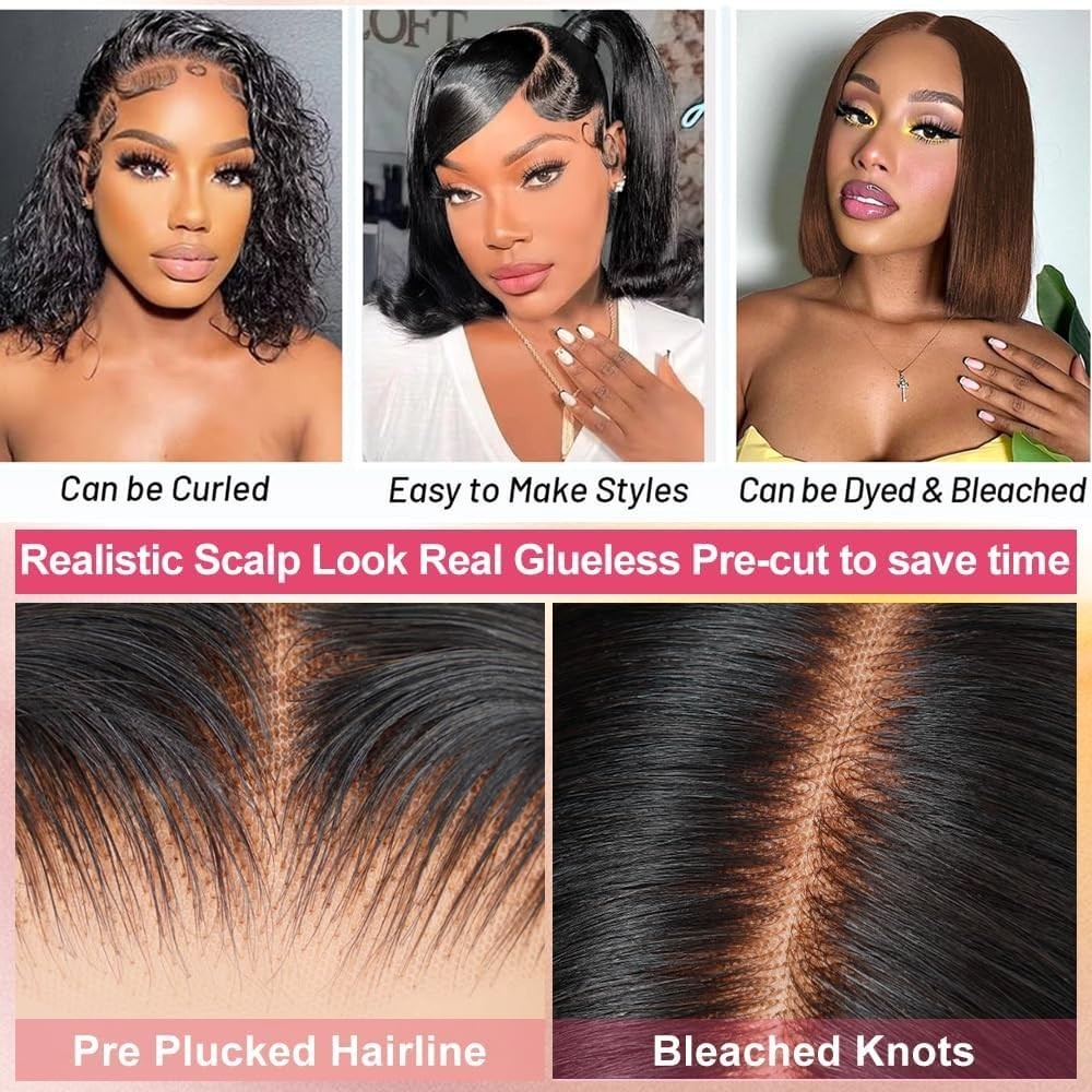 Wear and Go Glueless BobWig Human Hair Pre Plucked Pre Cut 4×4 Lace Wig Straight