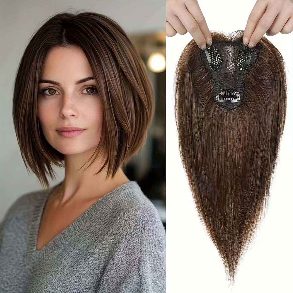 Premium Breathable Human Hair Topper with Bangs for Thinning & Gray Hair Needs