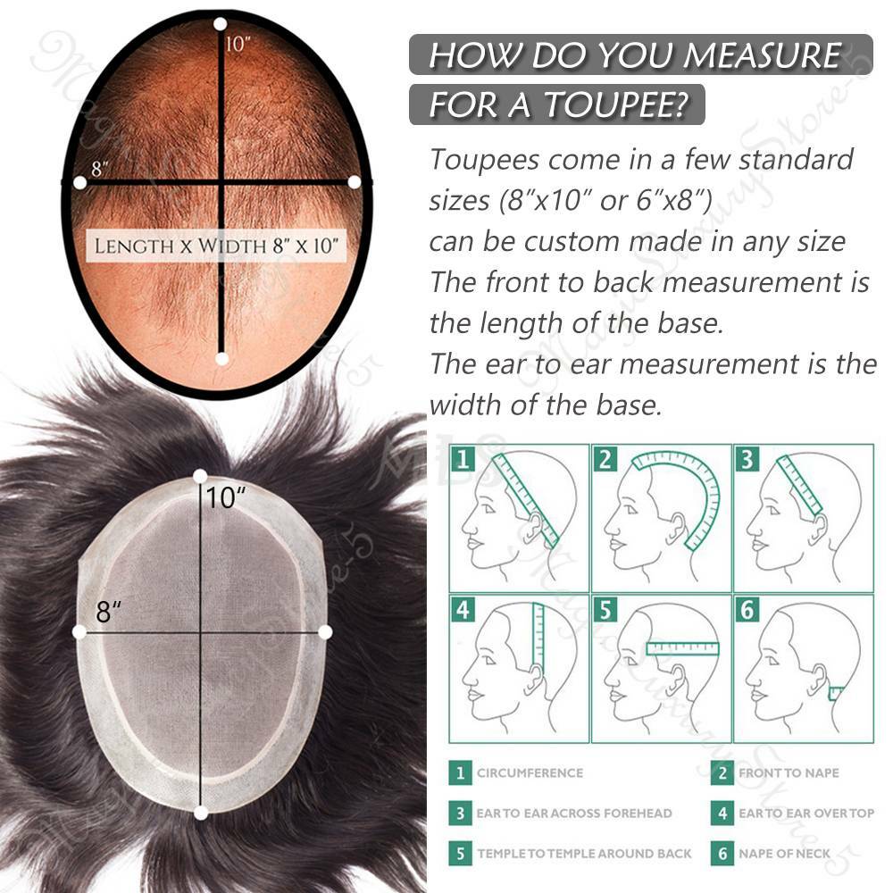 Fine Mono Mens Toupee Hairpiece Poly Skin Human Hair Replacement System Wigs US