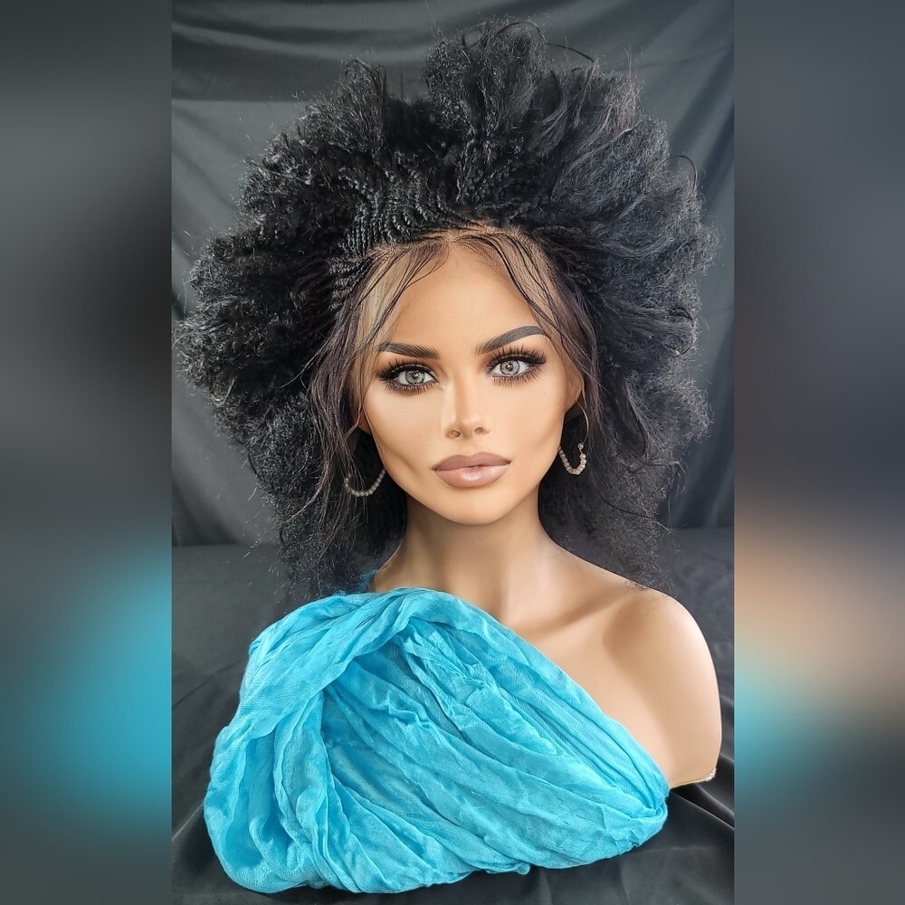 Braided Wig Short Afro Kinky Black Lace Front Glueless Baby Hair 4″ Handmade NWT
