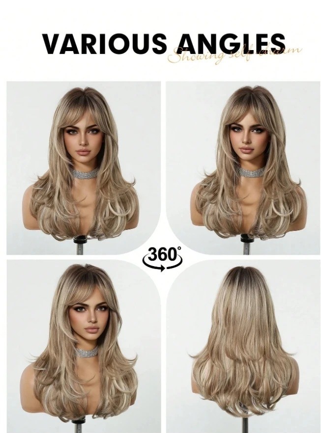 24″ Long Wavy Wig with Bangs Dark Roots Brown Ombre Blonde Heat Resistant Synthe