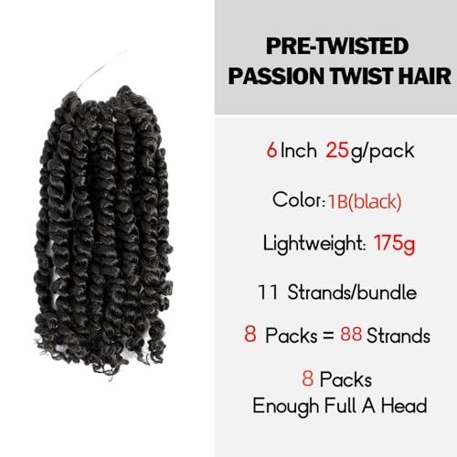 Short Passion Twist Hair 6 Inch Pre 6 Inch (Pack of 8) 1B(Natural Black)