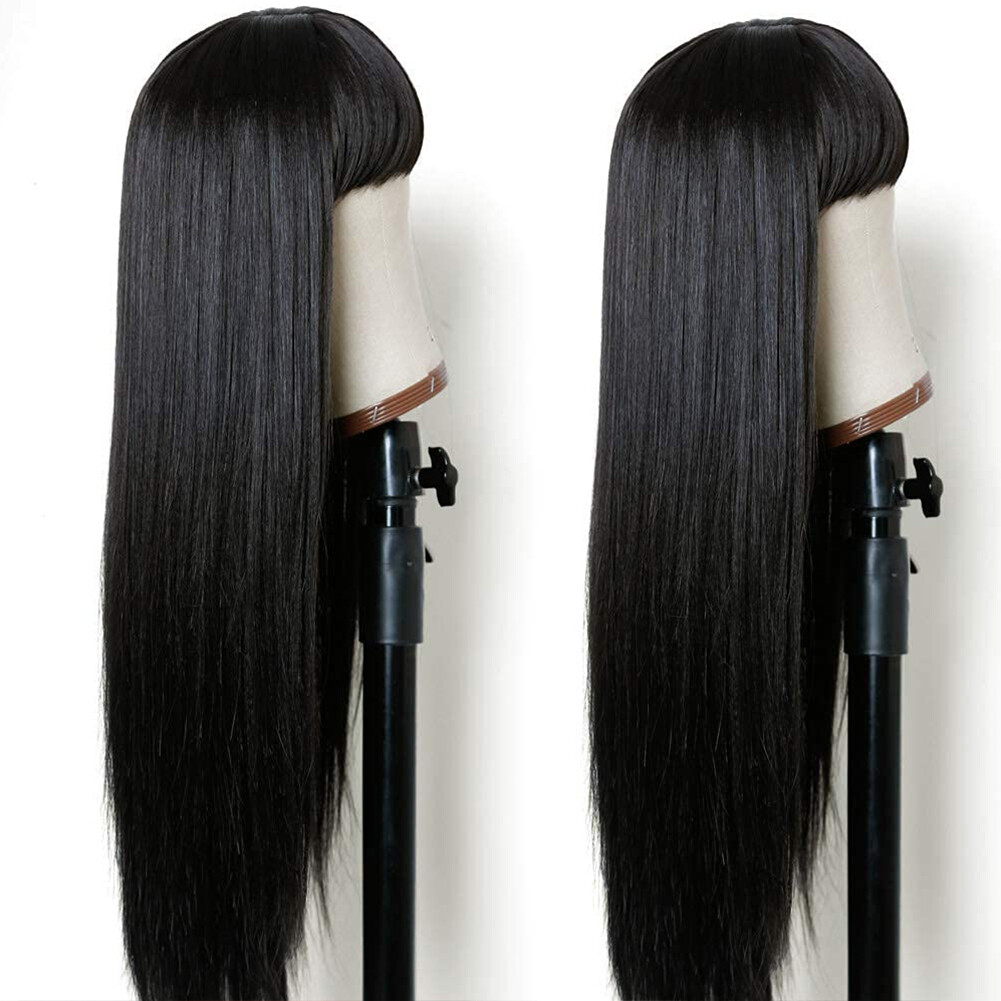 Heat Resistant Synthetic Hair None Lace Wigs Full Bangs Long Black Silk Straight